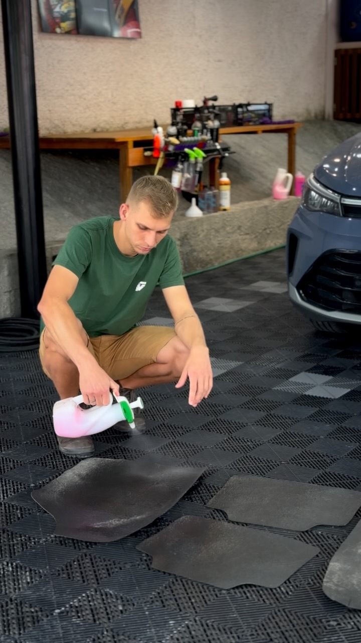 Profissional da Stolf higienizando tapetes do veículo
